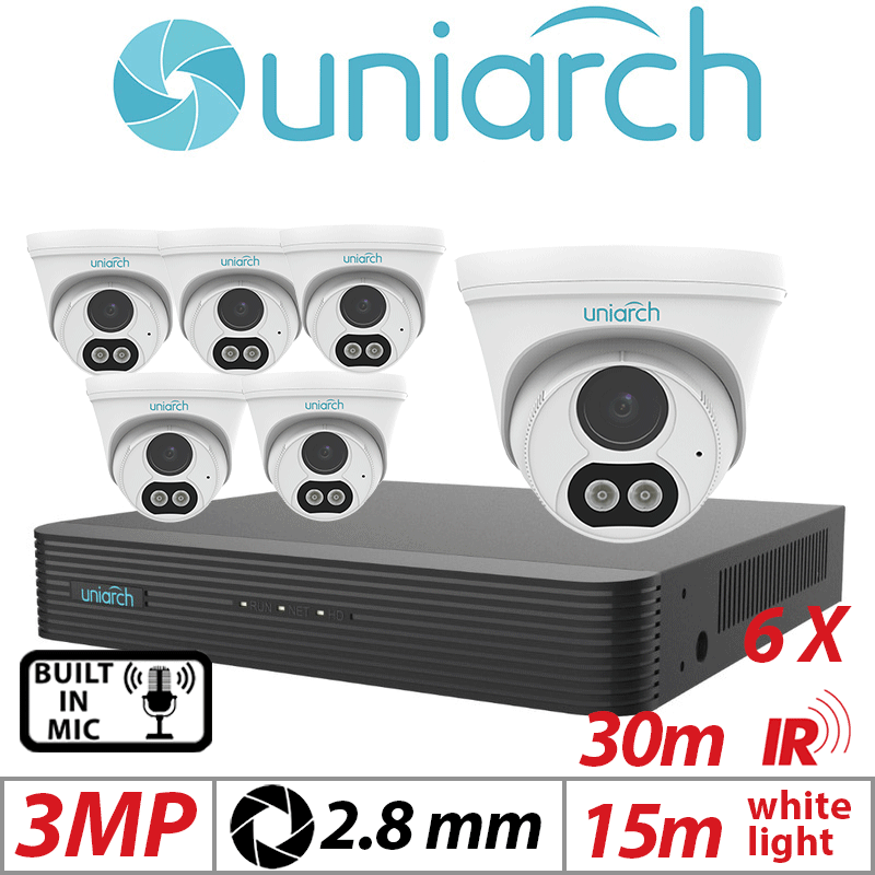3MP 8CH UNIARCH KIT - 6X - FIXED DUAL-LIGHT TURRET NETWORK CAMERA WITH BUILT IN MIC 2.8MM UNIARCH-IPC-T213-APF28W