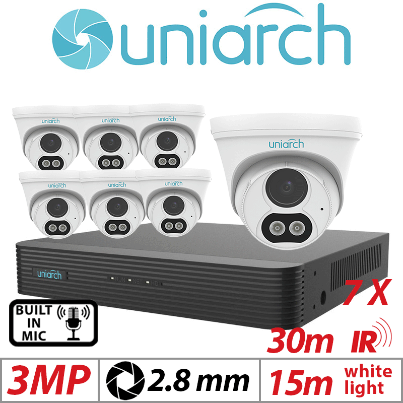 3MP 8CH UNIARCH KIT - 7X - FIXED DUAL-LIGHT TURRET NETWORK CAMERA WITH BUILT IN MIC 2.8MM UNIARCH-IPC-T213-APF28W