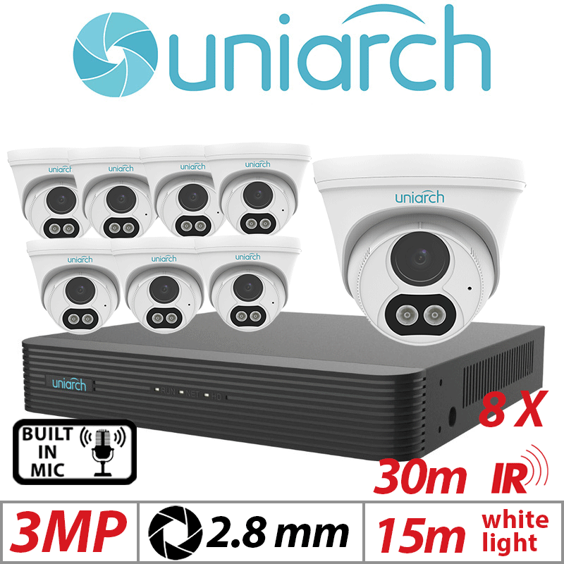 3MP 8CH UNIARCH KIT - 8X - FIXED DUAL-LIGHT TURRET NETWORK CAMERA WITH BUILT IN MIC 2.8MM UNIARCH-IPC-T213-APF28W