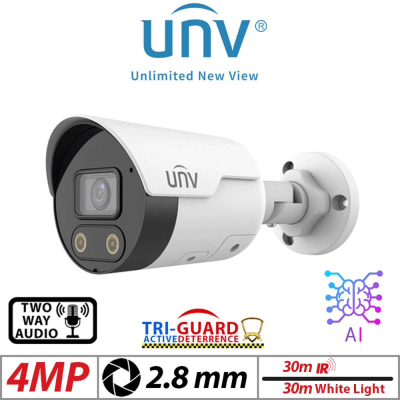 ‌‌‌‌4MP UNIVIEW TRI-GUARD HD INTELLIGENT LIGHT AND AUDIBLE WARNING BULLET NETWORK CAMERA WITH 2 WAY AUDIO AND DEEP LEARNING ARTIFICIAL INTELLIGENCE 2.8MM GRADED ITEM G1-UNV-IPC2124SB-ADF28KMC-I0