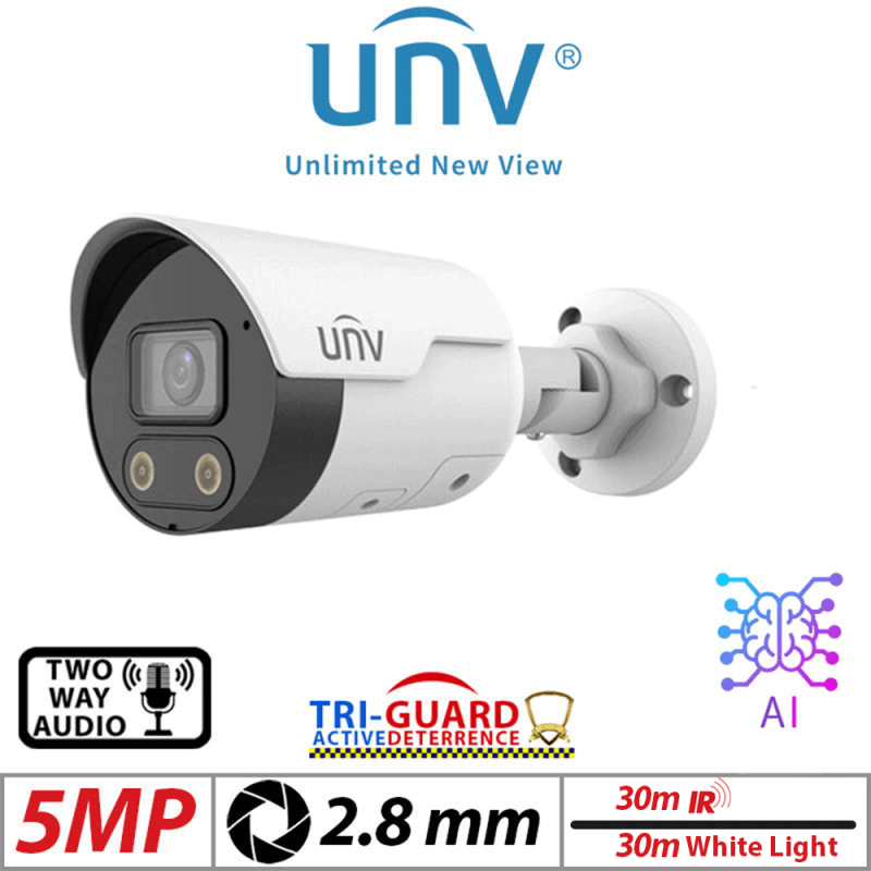 ‌‌‌5MP UNIVIEW TRI-GUARD HD INTELLIGENT LIGHT AND AUDIBLE WARNING BULLET NETWORK CAMERA WITH 2 WAY AUDIO AND  DEEP LEARNING ARTIFICIAL INTELLIGENCE 2.8MM IPC2125SB-ADF28KMC-I0