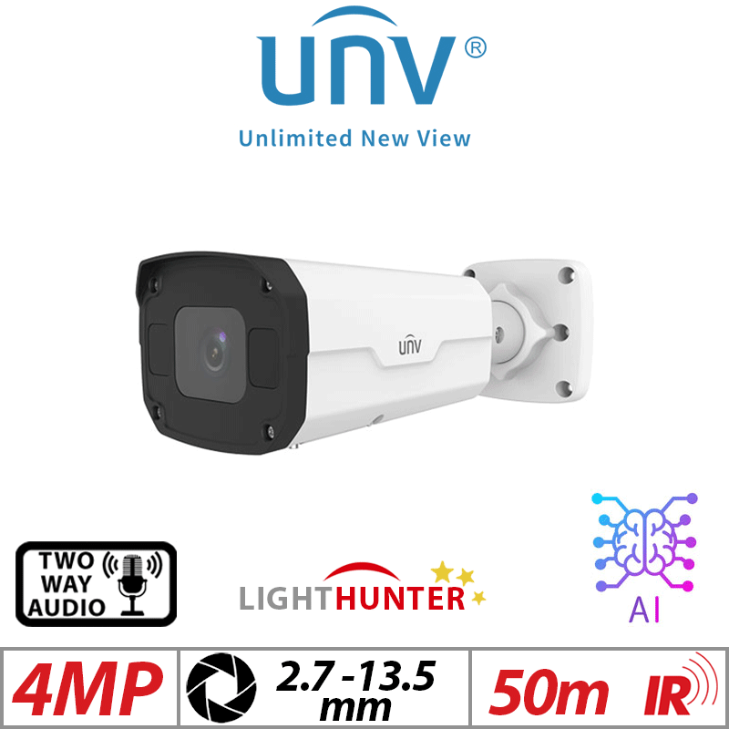 ‌‌4MP UNIVIEW LIGHTHUNTER NETWORK CAMERA WITH 2 WAY AUDIO AND DEEP LEARNING ARTIFICIAL INTELLIGENCE 2.7 - 13.5MM UNV-IPC2324SB-DZK-I0