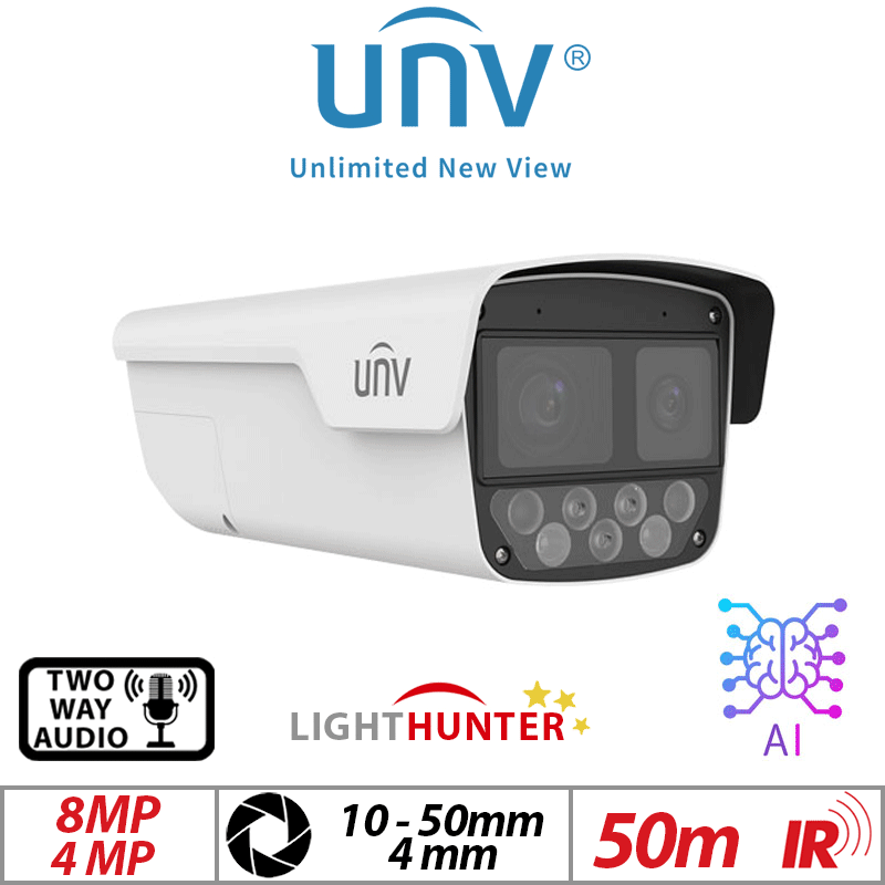 8MP + 4MP UNIVIEW BI-CHANNEL LIGHTHUNTERBULLET NETWORK CAMERA WITH DEEP LEARNING ARTIFICIAL INTELLIGENCE AND 2 WAY AUDIO DUAL LENS WHITE 4MM & 10-50MM UNV-IPC28184EA-ADX5K-F40-I1