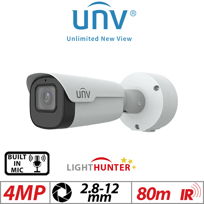 4MP UNIVIEW LIGHT HUNTER NETWORK BULLET SD CARD CAMERA WITH BUILT IN MIC 2.8~12MM WHITE UNV-IPC2A24SE-ADZK-I0