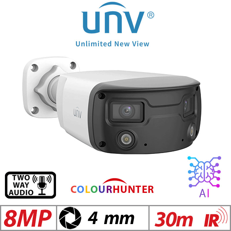 8MP UNIVIEW COLORHUNTER - 24/7 COLOUR - HD WIDE ANGLE FIXED BULLET NETWORK CAMERA WITH DEEP LEARNING ARTIFICIAL INTELLIGENCE AND 2 WAY AUDIO DUAL LENS 4MM IPC2K28SE-ADF40KMC-WL-I0