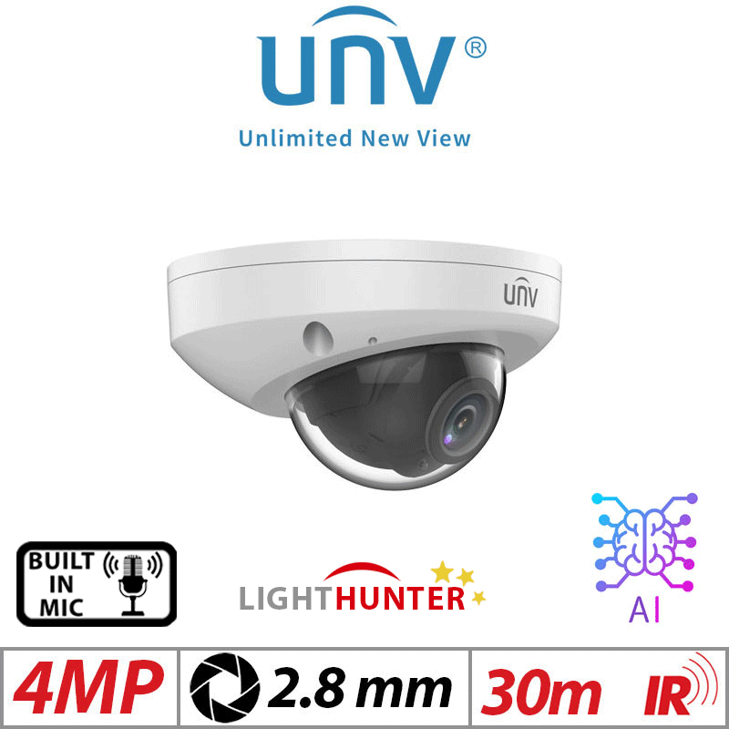 ‌‌‌4MP UNIVIEW LIGHT HUNTER - HD TURRET NETWORK CAMERA WITH DEEP LEARNING ARTIFICIAL INTELLIGENCE VANDAL DOME IPC314SB-ADF28K-I0