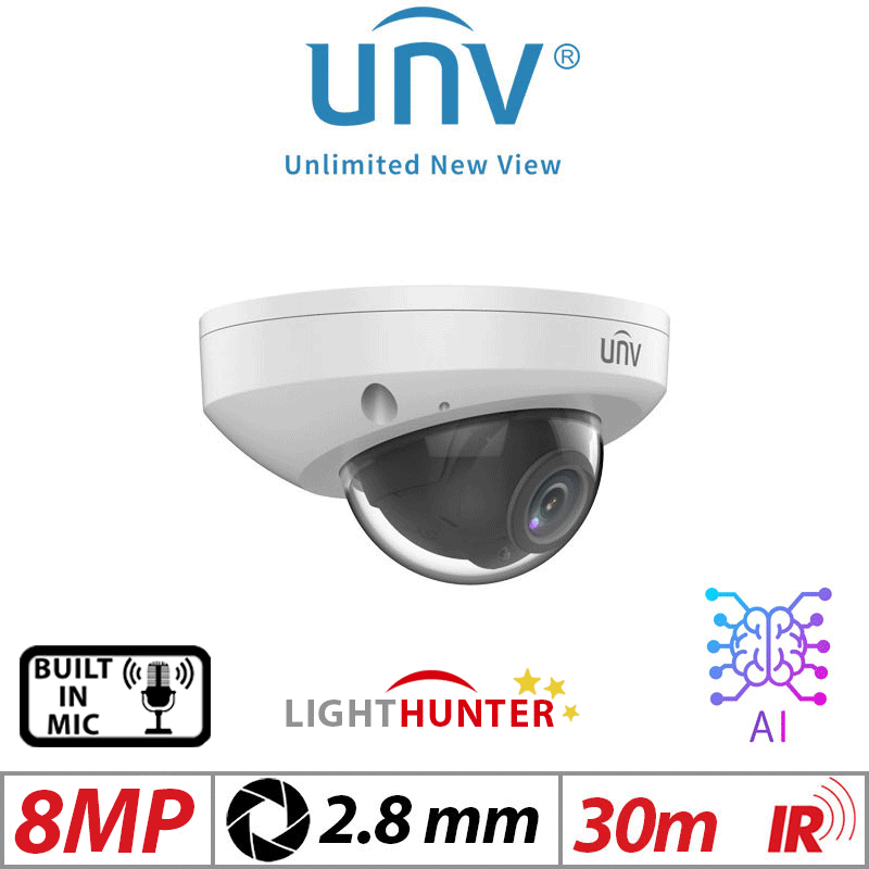 8MP UNIVIEW LIGHT HUNTER - 24/7 COLOUR - HD TURRET NETWORK CAMERA WITH DEEP LEARNING ARTIFICIAL INTELLIGENCE VANDAL DOME IPC318SB-ADF28K-I0