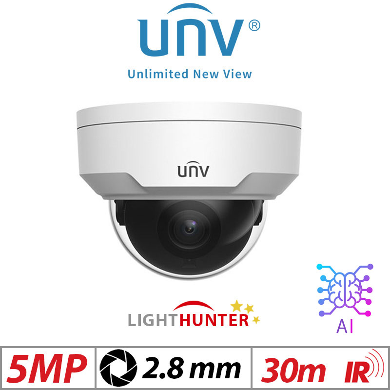 ‌‌5MP UNIVIEW HD INTELLIGENT LIGHTHUNTER VANDAL-RESISTANT NETWORK FIXED DOME CAMERA WITH DEEP LEARNING ARTIFICIAL INTELLIGENCE 2.8MM IPC325SB-DF28K-I0