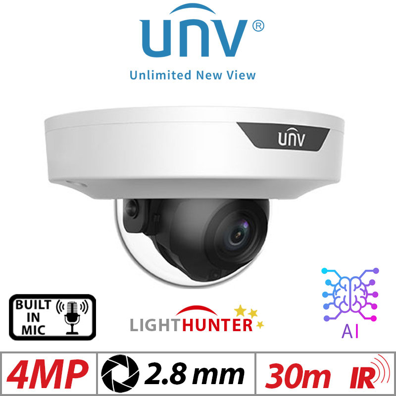 ‌4MP UNIVIEW HD LIGHTHUNTER CABLE-FREE NETWORK IR FIXED DOME CAMERA WITH DEEP LEARNING ARTIFICIAL INTELLIGENCE  2.8MM IPC354SB-ADNF28K-I0
