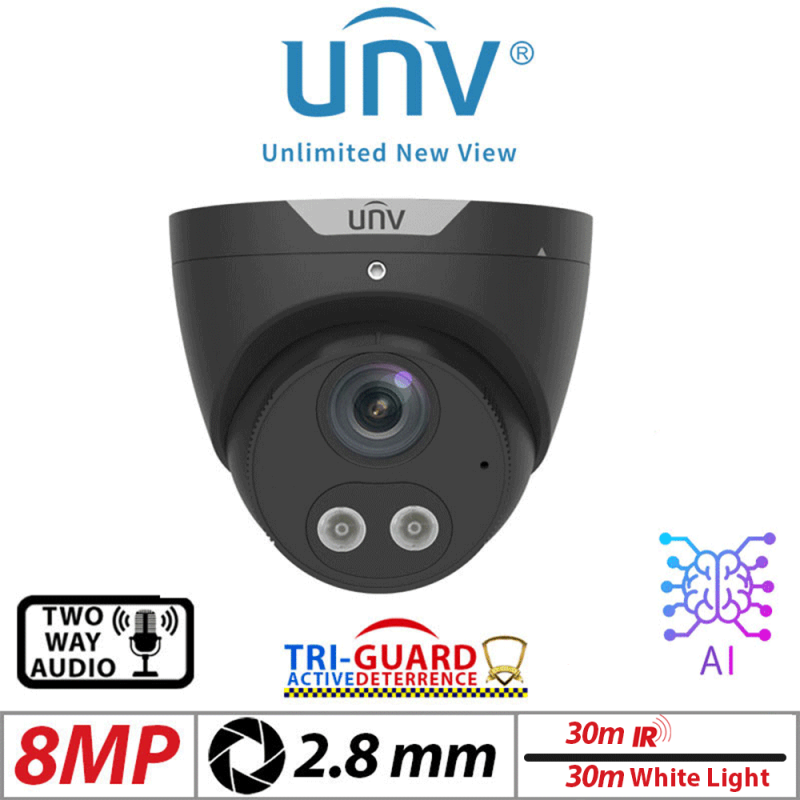 ‌‌8MP UNIVIEW TRI-GUARD COLORHUNTER - 24/7 COLOUR - HD IR TURRET NETWORK CAMERA WITH LIGHT, AUDIBLE WARNING AND DEEP LEARNING ARTIFICIAL INTELLIGENCE 2.8MM BLACK IPC3618SB-ADF28KMC-I0
