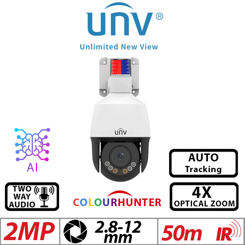 ‌‌2MP UNIVIEW LIGHTHUNTER ACTIVE DETERRENCE 4X OPTICAL ZOOM AUTO TRACKING NETWORK PTZ CAMERA WITH DEEP LEARNING ARTIFICIAL INTELLIGENCE AND 2 WAY AUDIO 2.8-12MM IR AND WARM LIGHT ILLUMINATION IPC6312LFW-AX4C-VG