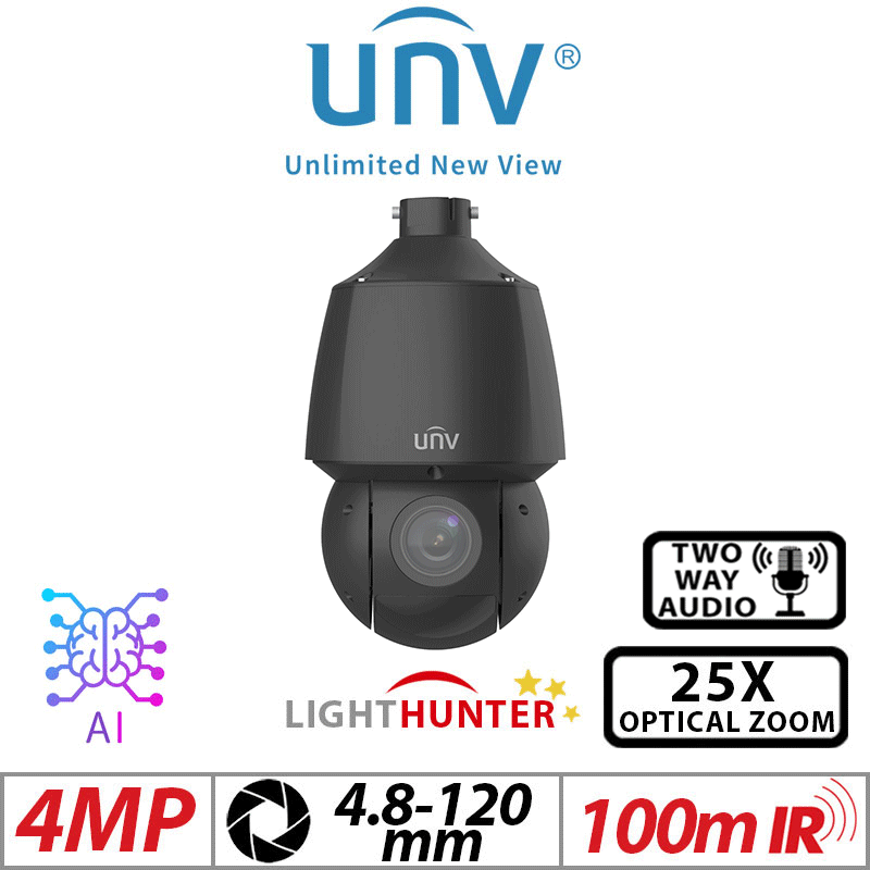 ‌4MP UNIVIEW LIGHTHUNTER 25X OPTICAL ZOOM NETWORK PTZ CAMERA WITH DEEP LEARNING ARTIFICIAL INTELLIGENCE BLACK 4.8-120MM UNV-IPC6424SR-X25-VF-BLACK