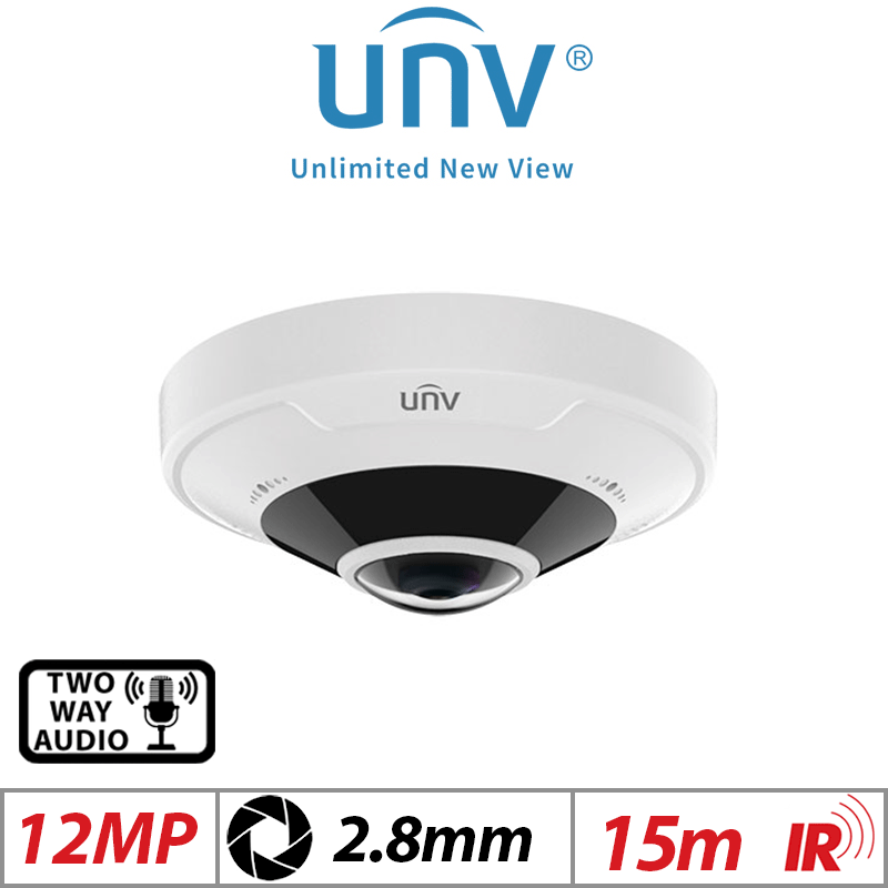 12MP UNIVIEW DOME IP POE FISHEYE VANDAL-RESISTANT CAMERA WITH BUILT-IN MIC 2.8MM WHITE UNV-IPC86CEB-AF18KC-I0