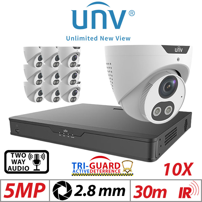 ‌‌‌‌‌5MP 16CH UNIVIEW KIT - 10X - TRI-GUARD COLORHUNTER - 24/7 COLOUR - HD IR TURRET NETWORK CAMERA WITH LIGHT, AUDIBLE WARNING AND DEEP LEARNING ARTIFICIAL INTELLIGENCE 2.8MM IPC3615SB-ADF28KMC-I0 WHITE