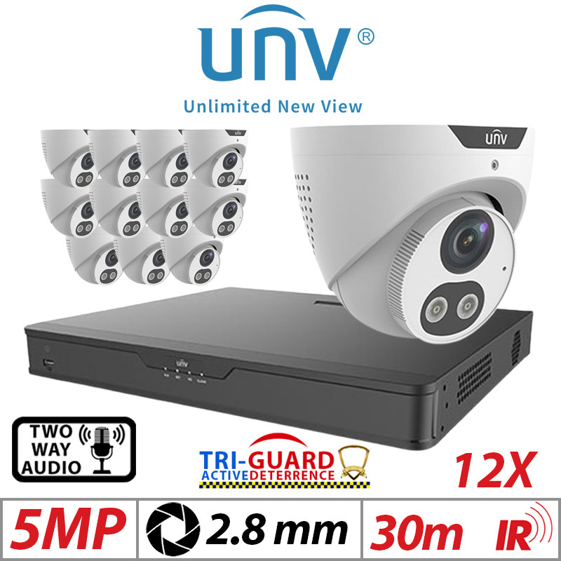 ‌‌‌‌‌5MP 16CH UNIVIEW KIT - 12X - TRI-GUARD COLORHUNTER - 24/7 COLOUR - HD IR TURRET NETWORK CAMERA WITH LIGHT, AUDIBLE WARNING AND DEEP LEARNING ARTIFICIAL INTELLIGENCE 2.8MM IPC3615SB-ADF28KMC-I0 WHITE