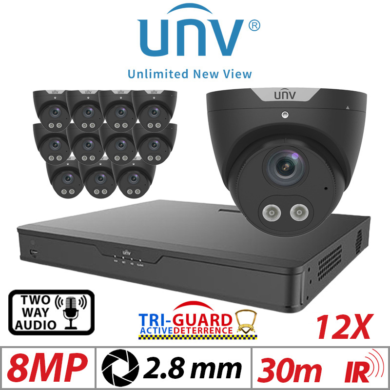 ‌‌‌‌8MP 16CH UNIVIEW KIT - 12X - TRI-GUARD COLORHUNTER - 24/7 COLOUR - HD IR TURRET NETWORK CAMERA WITH LIGHT, AUDIBLE WARNING AND DEEP LEARNING ARTIFICIAL INTELLIGENCE 2.8MM IPC3618SB-ADF28KMC-I0 BLACK