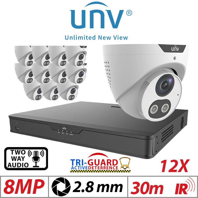 ‌‌‌‌8MP 16CH UNIVIEW KIT - 12X - TRI-GUARD COLORHUNTER - 24/7 COLOUR - HD IR TURRET NETWORK CAMERA WITH LIGHT, AUDIBLE WARNING AND DEEP LEARNING ARTIFICIAL INTELLIGENCE 2.8MM IPC3618SB-ADF28KMC-I0 WHITE