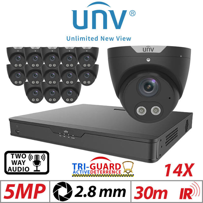 ‌‌‌‌‌5MP 16CH UNIVIEW KIT - 14X - TRI-GUARD COLORHUNTER - 24/7 COLOUR - HD IR TURRET NETWORK CAMERA WITH LIGHT, AUDIBLE WARNING AND DEEP LEARNING ARTIFICIAL INTELLIGENCE 2.8MM IPC3615SB-ADF28KMC-I0 BLACK