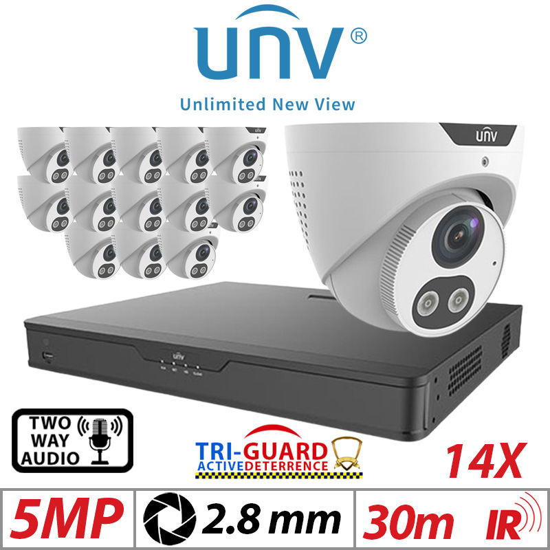 ‌‌‌‌‌5MP 16CH UNIVIEW KIT - 14X - TRI-GUARD COLORHUNTER - 24/7 COLOUR - HD IR TURRET NETWORK CAMERA WITH LIGHT, AUDIBLE WARNING AND DEEP LEARNING ARTIFICIAL INTELLIGENCE 2.8MM IPC3615SB-ADF28KMC-I0 WHITE