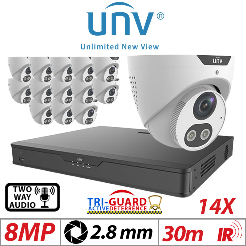 ‌‌‌‌8MP 16CH UNIVIEW KIT - 14X - TRI-GUARD COLORHUNTER - 24/7 COLOUR - HD IR TURRET NETWORK CAMERA WITH LIGHT, AUDIBLE WARNING AND DEEP LEARNING ARTIFICIAL INTELLIGENCE 2.8MM IPC3618SB-ADF28KMC-I0 WHITE