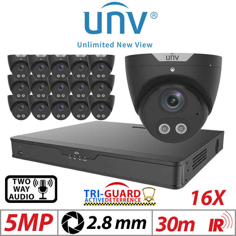 ‌‌‌‌‌5MP 16CH UNIVIEW KIT - 16X - TRI-GUARD COLORHUNTER - 24/7 COLOUR - HD IR TURRET NETWORK CAMERA WITH LIGHT, AUDIBLE WARNING AND DEEP LEARNING ARTIFICIAL INTELLIGENCE 2.8MM IPC3615SB-ADF28KMC-I0 BLACK