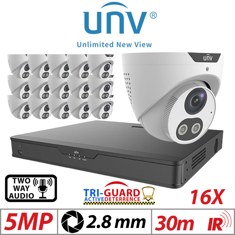 ‌‌‌‌‌5MP 16CH UNIVIEW KIT - 16X - TRI-GUARD COLORHUNTER - 24/7 COLOUR - HD IR TURRET NETWORK CAMERA WITH LIGHT, AUDIBLE WARNING AND DEEP LEARNING ARTIFICIAL INTELLIGENCE 2.8MM IPC3615SB-ADF28KMC-I0 WHITE
