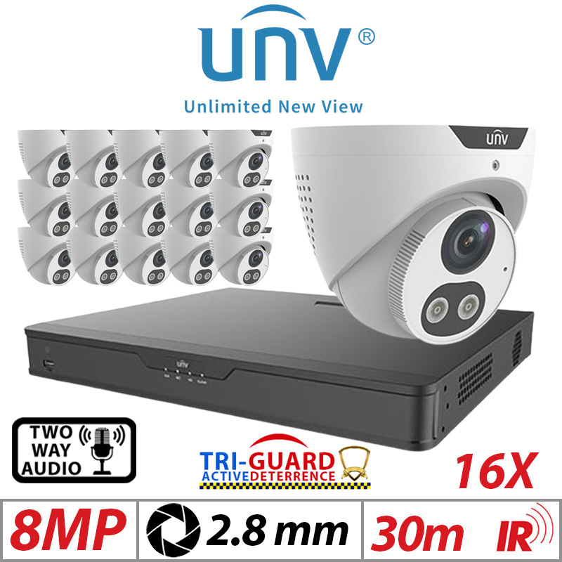 ‌‌‌‌8MP 16CH UNIVIEW KIT - 16X - TRI-GUARD COLORHUNTER - 24/7 COLOUR - HD IR TURRET NETWORK CAMERA WITH LIGHT, AUDIBLE WARNING AND DEEP LEARNING ARTIFICIAL INTELLIGENCE 2.8MM IPC3618SB-ADF28KMC-I0 WHITE