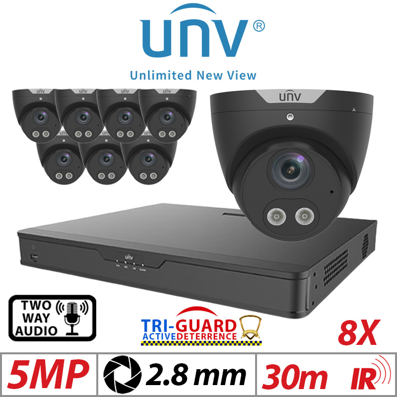 ‌‌‌‌‌5MP 16CH UNIVIEW KIT - ‌08X - TRI-GUARD COLORHUNTER - 24/7 COLOUR - HD IR TURRET NETWORK CAMERA WITH LIGHT, AUDIBLE WARNING AND DEEP LEARNING ARTIFICIAL INTELLIGENCE 2.8MM IPC3615SB-ADF28KMC-I0 BLACK