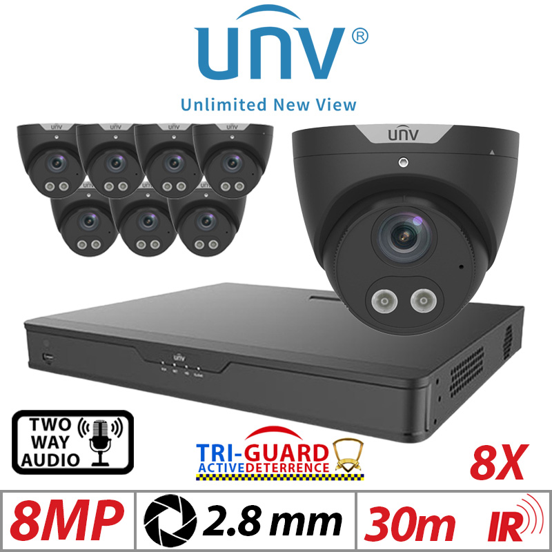 ‌‌‌‌8MP 16CH UNIVIEW KIT - ‌08X - TRI-GUARD COLORHUNTER - 24/7 COLOUR - HD IR TURRET NETWORK CAMERA WITH LIGHT, AUDIBLE WARNING AND DEEP LEARNING ARTIFICIAL INTELLIGENCE 2.8MM IPC3618SB-ADF28KMC-I0 BLACK