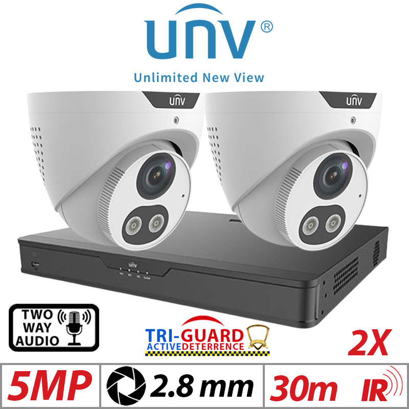 ‌‌‌‌‌5MP 4CH UNIVIEW KIT - 2X - TRI-GUARD COLORHUNTER - 24/7 COLOUR - HD IR TURRET NETWORK CAMERA WITH LIGHT, AUDIBLE WARNING AND DEEP LEARNING ARTIFICIAL INTELLIGENCE 2.8MM IPC3615SB-ADF28KMC-I0 WHITE
