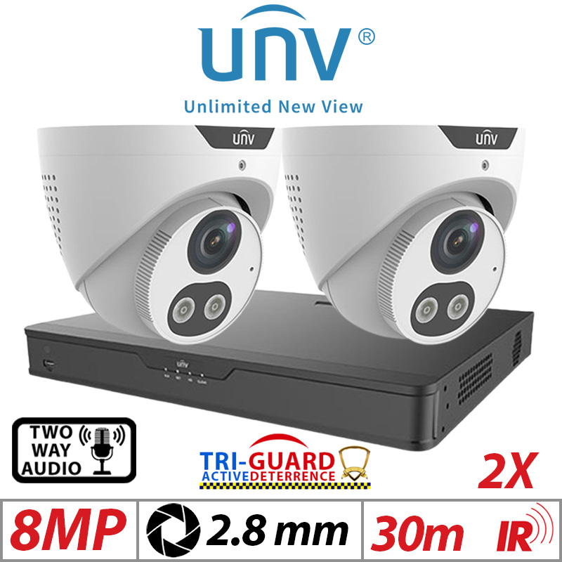 ‌‌‌‌8MP 4CH UNIVIEW KIT - 2X - TRI-GUARD COLORHUNTER - 24/7 COLOUR - HD IR TURRET NETWORK CAMERA WITH LIGHT, AUDIBLE WARNING AND DEEP LEARNING ARTIFICIAL INTELLIGENCE 2.8MM IPC3618SB-ADF28KMC-I0 WHITE