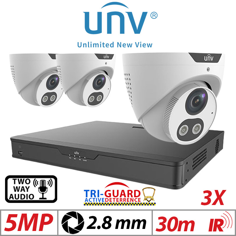 ‌‌‌‌‌5MP 4CH UNIVIEW KIT - 3X - TRI-GUARD COLORHUNTER - 24/7 COLOUR - HD IR TURRET NETWORK CAMERA WITH LIGHT, AUDIBLE WARNING AND DEEP LEARNING ARTIFICIAL INTELLIGENCE 2.8MM IPC3615SB-ADF28KMC-I0 WHITE