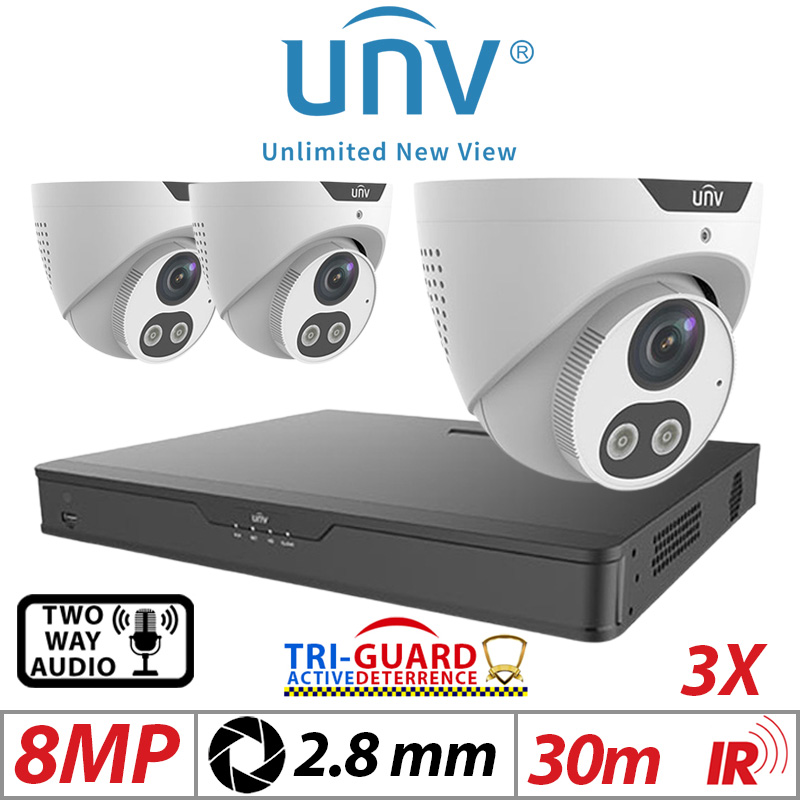‌‌‌‌8MP 4CH UNIVIEW KIT - 3X - TRI-GUARD COLORHUNTER - 24/7 COLOUR - HD IR TURRET NETWORK CAMERA WITH LIGHT, AUDIBLE WARNING AND DEEP LEARNING ARTIFICIAL INTELLIGENCE 2.8MM IPC3618SB-ADF28KMC-I0 WHITE