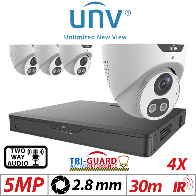 ‌‌‌‌‌5MP 4CH UNIVIEW KIT - 4X - TRI-GUARD COLORHUNTER - 24/7 COLOUR - HD IR TURRET NETWORK CAMERA WITH LIGHT, AUDIBLE WARNING AND DEEP LEARNING ARTIFICIAL INTELLIGENCE 2.8MM IPC3615SB-ADF28KMC-I0 WHITE