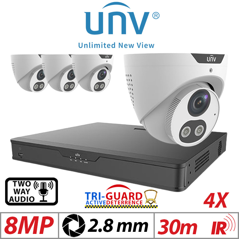 ‌‌‌‌8MP 4CH UNIVIEW KIT - 4X - TRI-GUARD COLORHUNTER - 24/7 COLOUR - HD IR TURRET NETWORK CAMERA WITH LIGHT, AUDIBLE WARNING AND DEEP LEARNING ARTIFICIAL INTELLIGENCE 2.8MM IPC3618SB-ADF28KMC-I0 WHITE