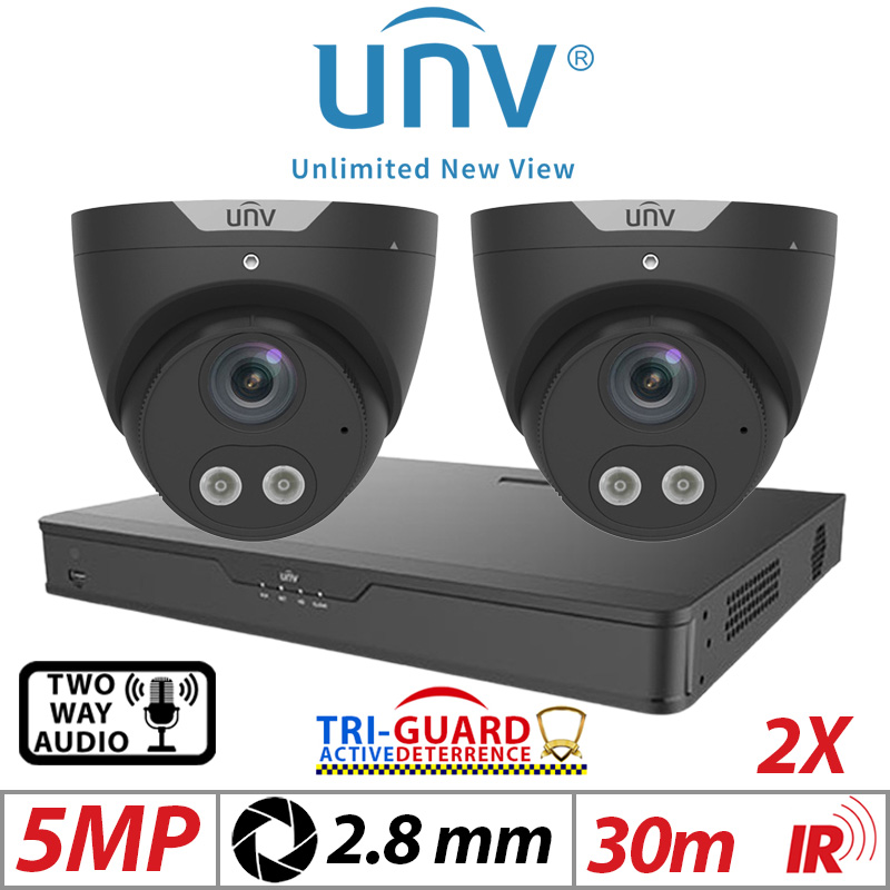 ‌‌‌‌‌5MP 4CH UNIVIEW KIT - 2X - TRI-GUARD COLORHUNTER - 24/7 COLOUR - HD IR TURRET NETWORK CAMERA WITH LIGHT, AUDIBLE WARNING AND DEEP LEARNING ARTIFICIAL INTELLIGENCE 2.8MM IPC3615SB-ADF28KMC-I0 BLACK