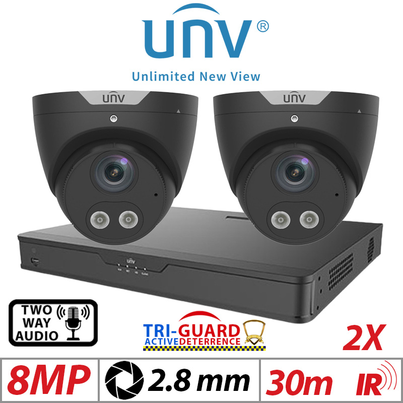 ‌‌‌‌8MP 4CH UNIVIEW KIT - 2X - TRI-GUARD COLORHUNTER - 24/7 COLOUR - HD IR TURRET NETWORK CAMERA WITH LIGHT, AUDIBLE WARNING AND DEEP LEARNING ARTIFICIAL INTELLIGENCE 2.8MM IPC3618SB-ADF28KMC-I0 BLACK