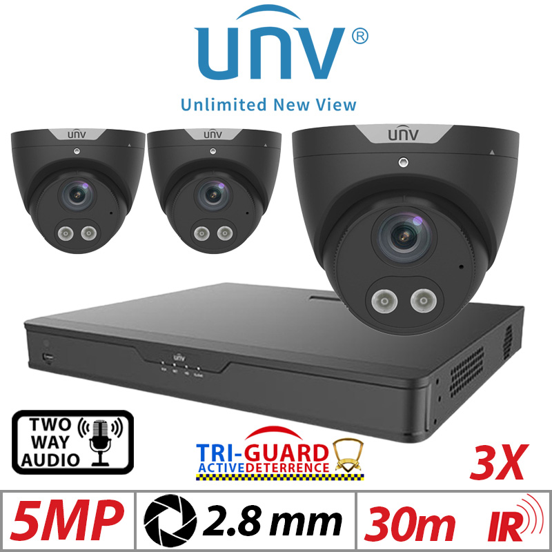 ‌‌‌‌‌5MP 4CH UNIVIEW KIT - 3X - TRI-GUARD COLORHUNTER - 24/7 COLOUR - HD IR TURRET NETWORK CAMERA WITH LIGHT, AUDIBLE WARNING AND DEEP LEARNING ARTIFICIAL INTELLIGENCE 2.8MM IPC3615SB-ADF28KMC-I0 BLACK