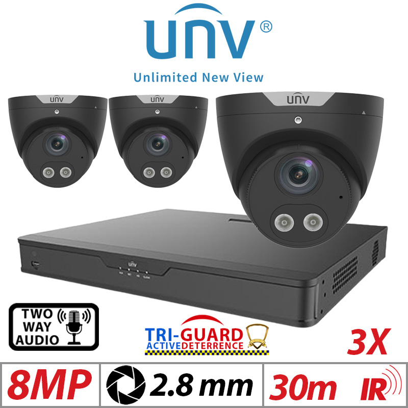 ‌‌‌‌8MP 4CH UNIVIEW KIT - 3X - TRI-GUARD COLORHUNTER - 24/7 COLOUR - HD IR TURRET NETWORK CAMERA WITH LIGHT, AUDIBLE WARNING AND DEEP LEARNING ARTIFICIAL INTELLIGENCE 2.8MM IPC3618SB-ADF28KMC-I0 BLACK