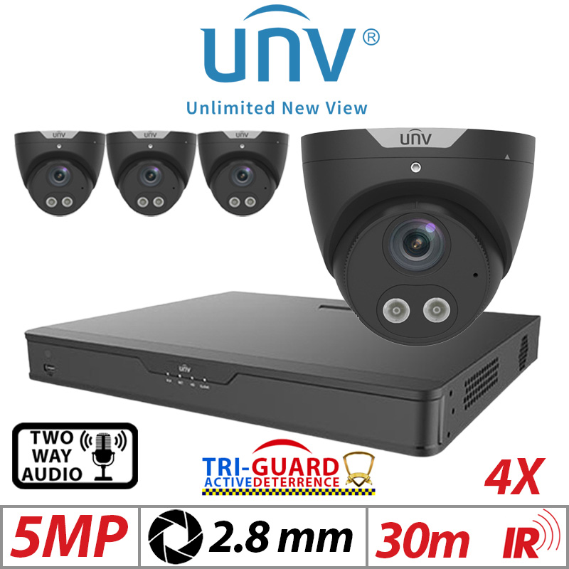 ‌‌‌‌‌5MP 4CH UNIVIEW KIT - 4X - TRI-GUARD COLORHUNTER - 24/7 COLOUR - HD IR TURRET NETWORK CAMERA WITH LIGHT, AUDIBLE WARNING AND DEEP LEARNING ARTIFICIAL INTELLIGENCE 2.8MM IPC3615SB-ADF28KMC-I0 BLACK