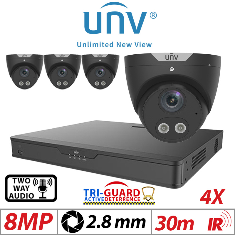 ‌‌‌‌8MP 4CH UNIVIEW KIT - 4X - TRI-GUARD COLORHUNTER - 24/7 COLOUR - HD IR TURRET NETWORK CAMERA WITH LIGHT, AUDIBLE WARNING AND DEEP LEARNING ARTIFICIAL INTELLIGENCE 2.8MM IPC3618SB-ADF28KMC-I0 BLACK
