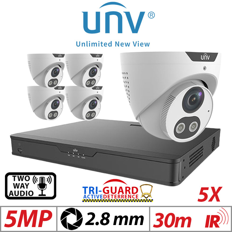 ‌‌‌‌‌‌‌5MP 8CH UNIVIEW KIT - 5X - TRI-GUARD COLORHUNTER - 24/7 COLOUR - HD IR TURRET NETWORK CAMERA WITH LIGHT, AUDIBLE WARNING AND DEEP LEARNING ARTIFICIAL INTELLIGENCE 2.8MM IPC3615SB-ADF28KMC-I0 WHITE