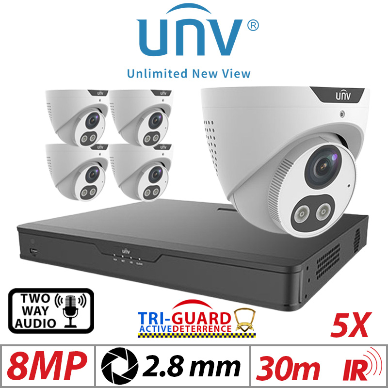 ‌‌‌‌8MP 8CH UNIVIEW KIT - 5X - TRI-GUARD COLORHUNTER - 24/7 COLOUR - HD IR TURRET NETWORK CAMERA WITH LIGHT, AUDIBLE WARNING AND DEEP LEARNING ARTIFICIAL INTELLIGENCE 2.8MM IPC3618SB-ADF28KMC-I0 WHITE