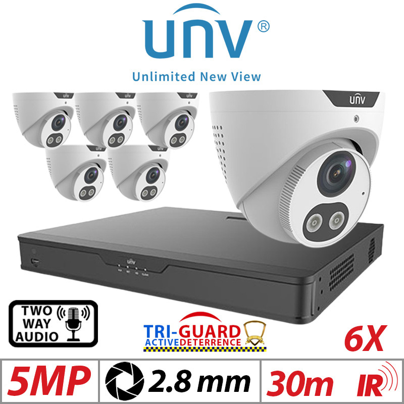 ‌‌‌‌‌‌‌5MP 8CH UNIVIEW KIT - 6X - TRI-GUARD COLORHUNTER - 24/7 COLOUR - HD IR TURRET NETWORK CAMERA WITH LIGHT, AUDIBLE WARNING AND DEEP LEARNING ARTIFICIAL INTELLIGENCE 2.8MM IPC3615SB-ADF28KMC-I0 WHITE