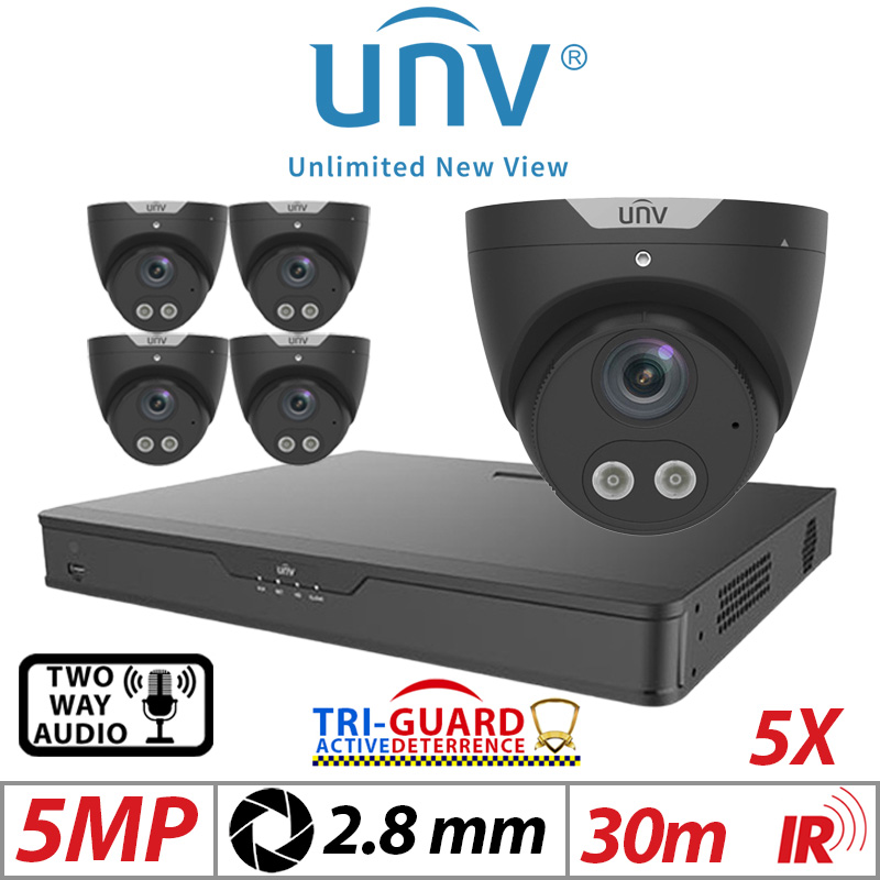 ‌‌‌‌‌‌‌5MP 8CH UNIVIEW KIT - 5X - TRI-GUARD COLORHUNTER - 24/7 COLOUR - HD IR TURRET NETWORK CAMERA WITH LIGHT, AUDIBLE WARNING AND DEEP LEARNING ARTIFICIAL INTELLIGENCE 2.8MM IPC3615SB-ADF28KMC-I0 BLACK