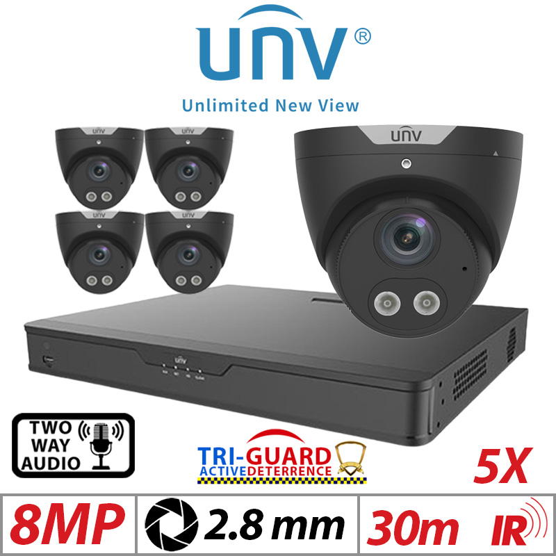 ‌‌‌‌8MP 8CH UNIVIEW KIT - 5X - TRI-GUARD COLORHUNTER - 24/7 COLOUR - HD IR TURRET NETWORK CAMERA WITH LIGHT, AUDIBLE WARNING AND DEEP LEARNING ARTIFICIAL INTELLIGENCE 2.8MM IPC3618SB-ADF28KMC-I0 BLACK