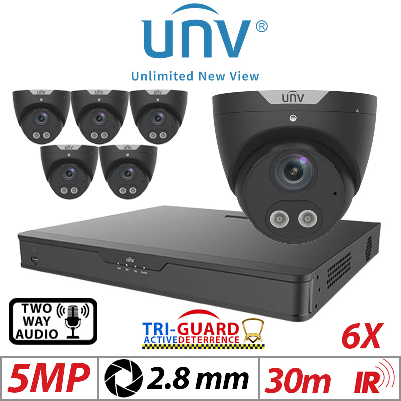 ‌‌‌‌‌‌‌5MP 8CH UNIVIEW KIT - 6X - TRI-GUARD COLORHUNTER - 24/7 COLOUR - HD IR TURRET NETWORK CAMERA WITH LIGHT, AUDIBLE WARNING AND DEEP LEARNING ARTIFICIAL INTELLIGENCE 2.8MM IPC3615SB-ADF28KMC-I0 BLACK