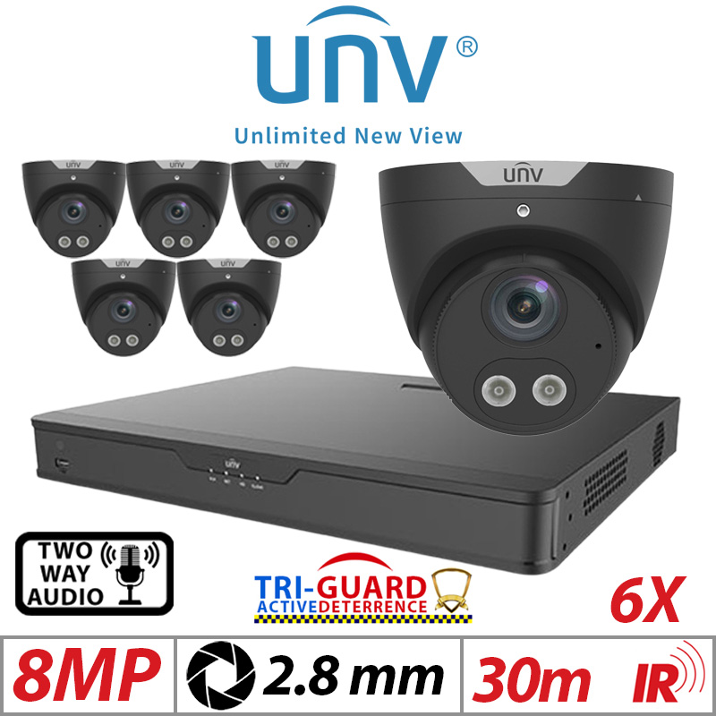 ‌‌‌‌8MP 8CH UNIVIEW KIT - 6X - TRI-GUARD COLORHUNTER - 24/7 COLOUR - HD IR TURRET NETWORK CAMERA WITH LIGHT, AUDIBLE WARNING AND DEEP LEARNING ARTIFICIAL INTELLIGENCE 2.8MM IPC3618SB-ADF28KMC-I0 BLACK
