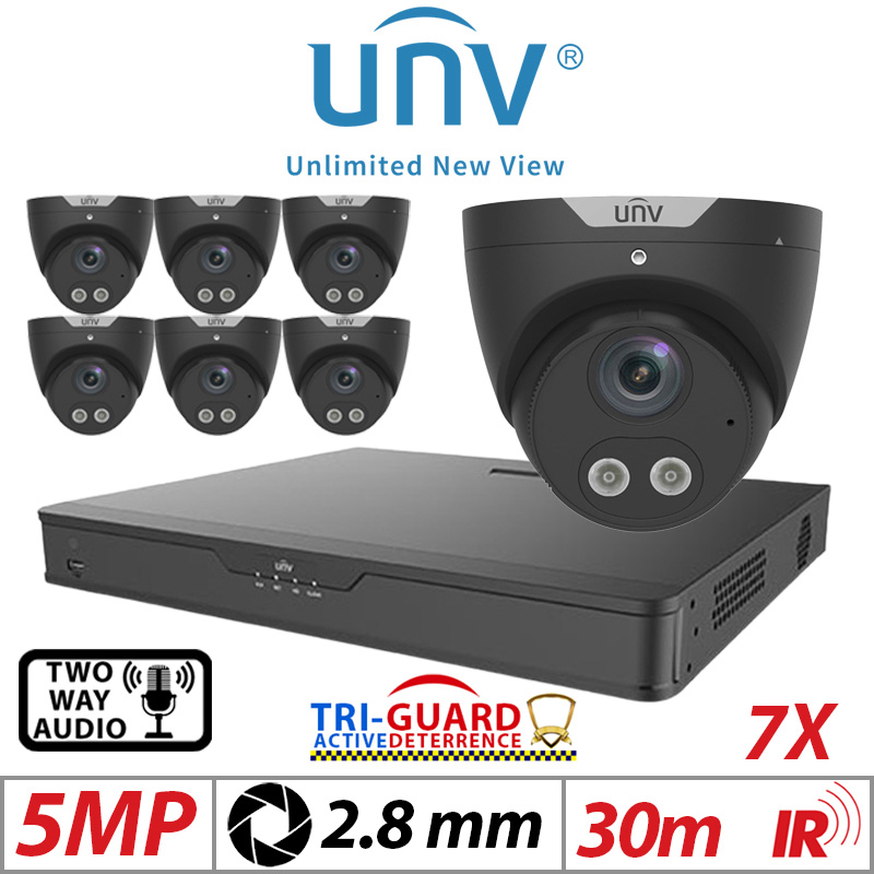 ‌‌‌‌‌‌‌5MP 8CH UNIVIEW KIT - 7X - TRI-GUARD COLORHUNTER - 24/7 COLOUR - HD IR TURRET NETWORK CAMERA WITH LIGHT, AUDIBLE WARNING AND DEEP LEARNING ARTIFICIAL INTELLIGENCE 2.8MM IPC3615SB-ADF28KMC-I0 BLACK