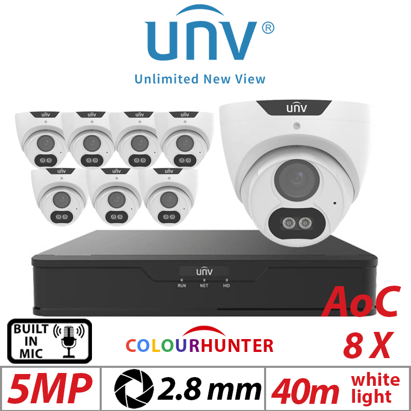 5MP 8CH UNIVIEW BALUN KIT - 8X COLOURTHUNTER FIXED TURRET ANALOG CAMERA 2.8MM UAC-T125-AF28M-W